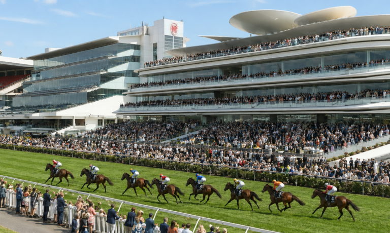 A horse race on a green turf track with several horses and jockeys racing past a large multi-tiered white stadium filled with spectators at a sunny day festival.