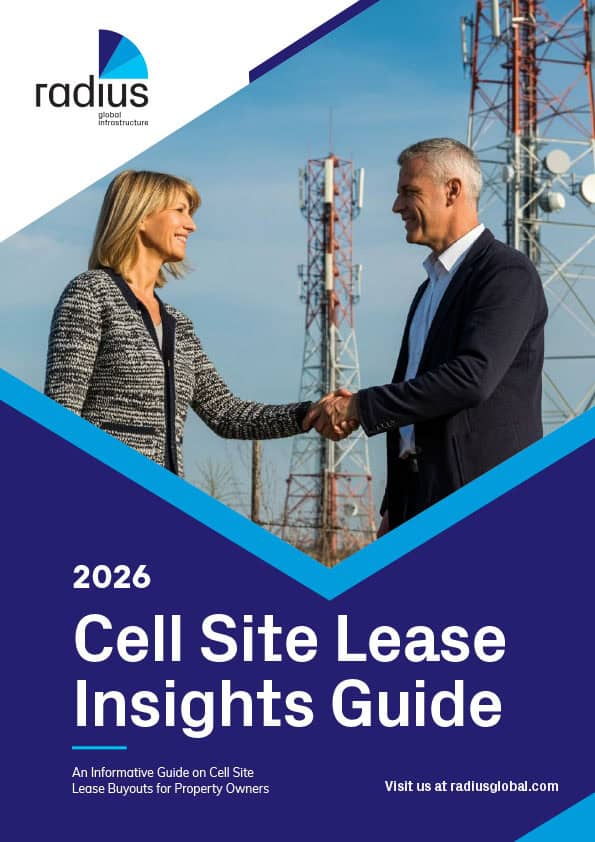RGI_Cell-Site-Insight-Guide_2026-1 Cover for Radius Global's 2026 Cell Site Lease Insights Guide, featuring two professionals shaking hands at a telecom site with antenna towers in the background.