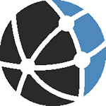 Abstract globe icon with dark grey segments and blue accents, representing global connectivity.